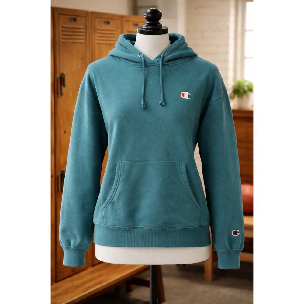 Vintage Champion Reverse Weave Hoodie Sweatshirt Teal Kangaroo Pocket Size M